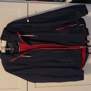 Navy and red rain coat